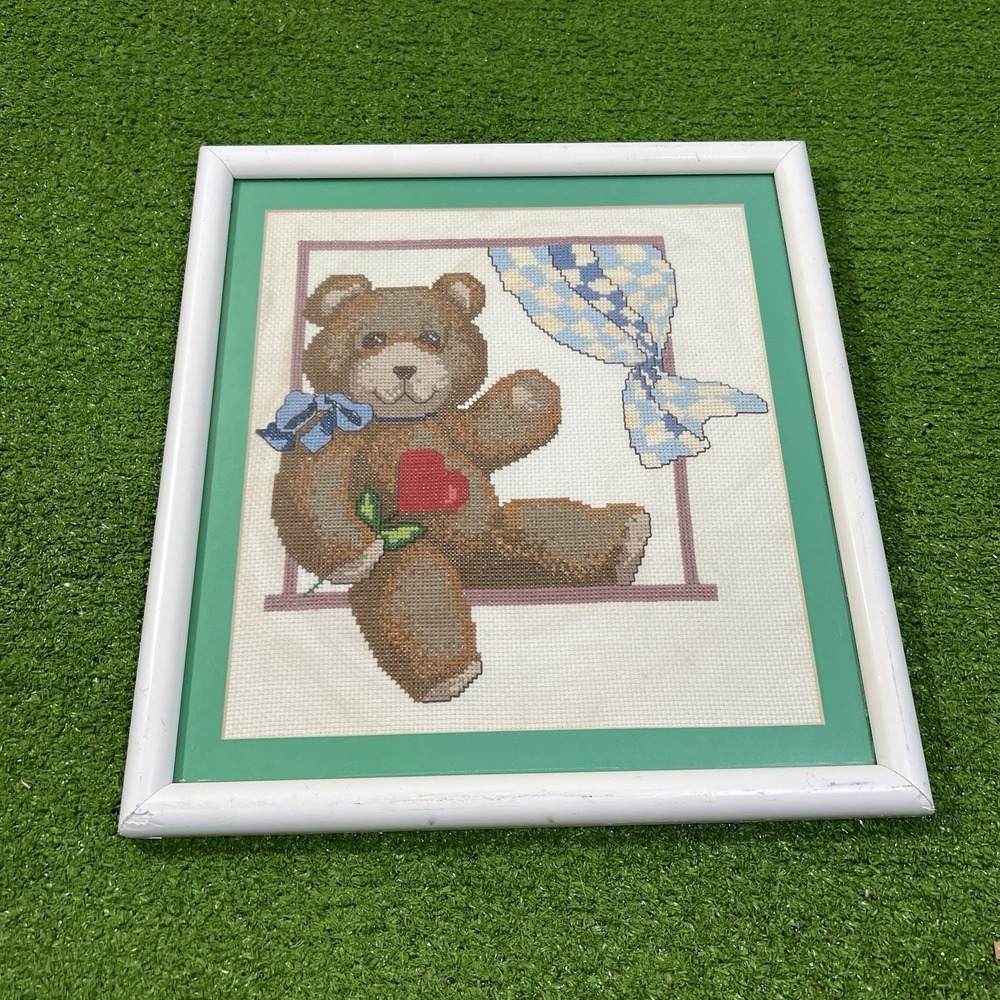Vintage‎ 1970s Framed Cross Stitch Baby Nursery Heart Teddy Bear Handmade 14x15